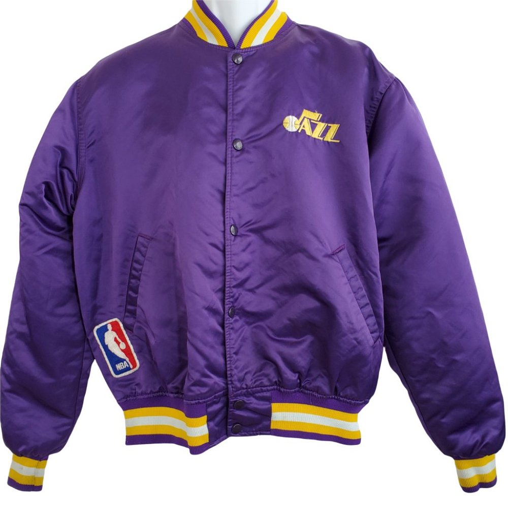 Vintage Starter Satin Bomber Jacket Womens L Purple NBA Utah Jazz Quilted Lining